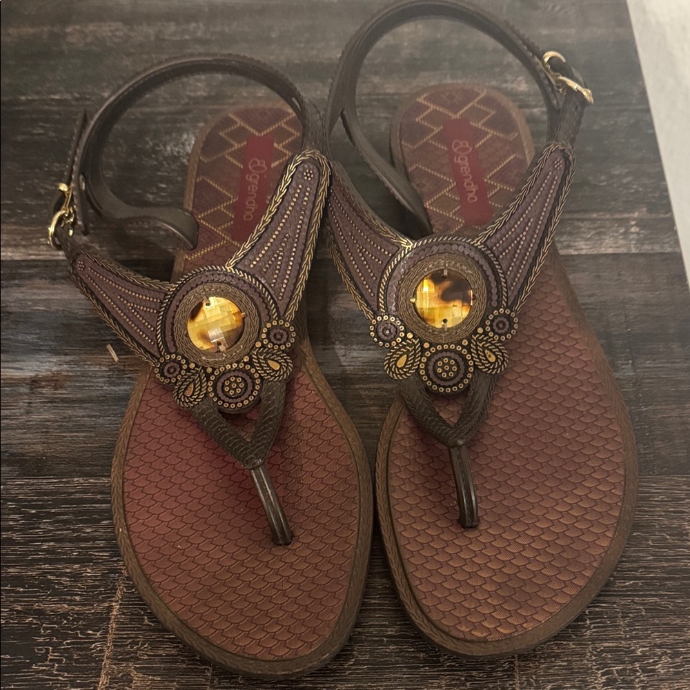 Dark Brown Sandals with Gold Accents